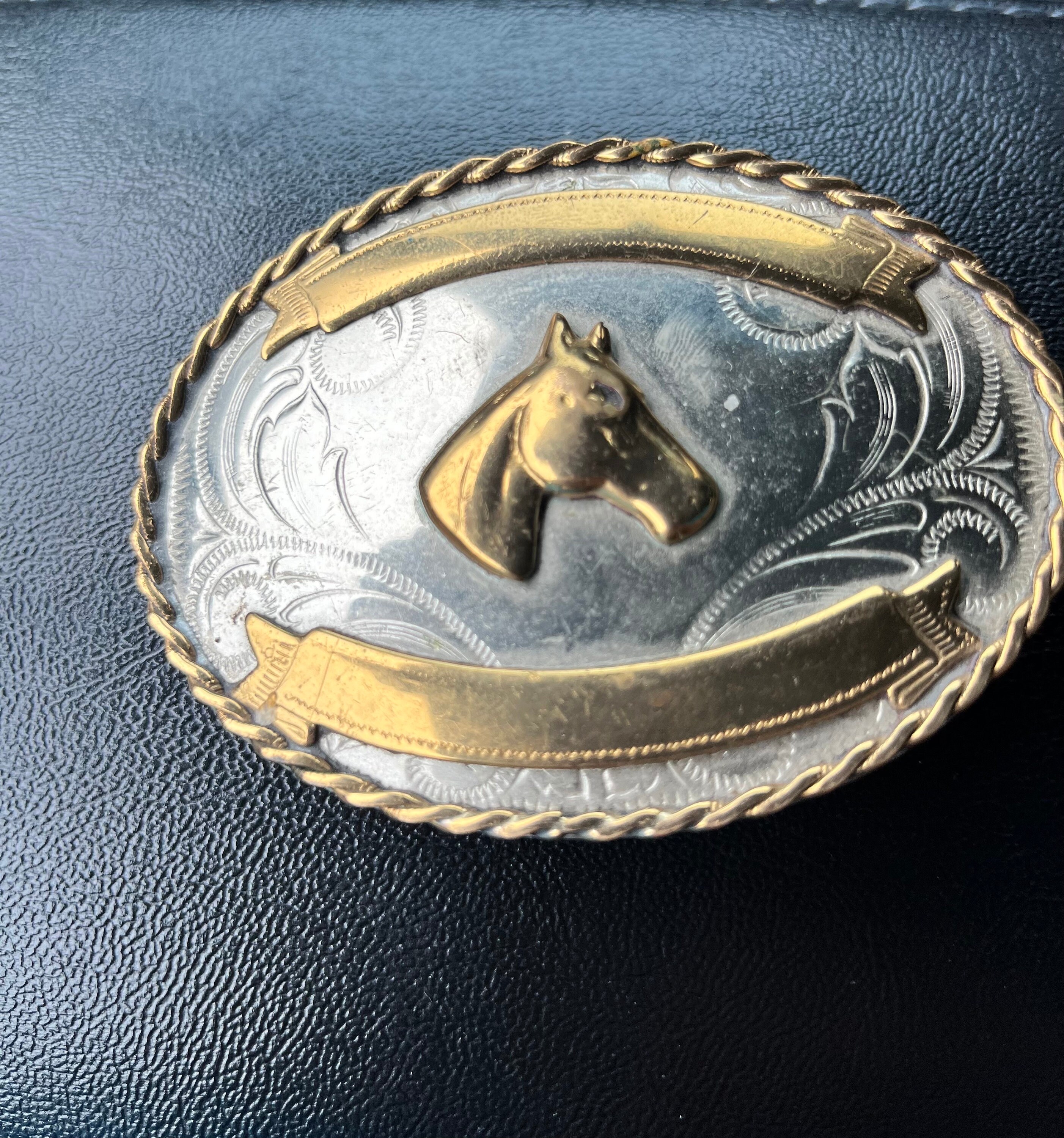 Vintage Nickel Silver Belt Buckle Horse Head Gold  display picture 1