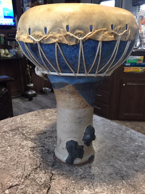 Vintage Art Pottery Drum Raw Hide Tribal Instrument by Lilly Jacobsen Signed
