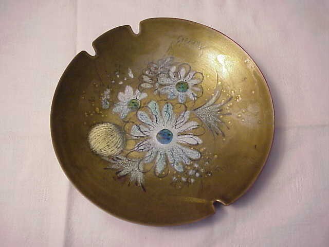 Mid Century 60's Sascha Brastoff Vintage Floral Copper Enamel Plate Kidney  Dish