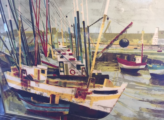 Original Lithograph Print M. King Impressionist Nautical Harbor Scene ART Signed Ltd. Ed