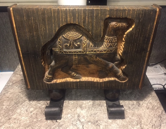 Vintage Carved Wood Camel ART Sculpture Forged Steel Base Table Plaque