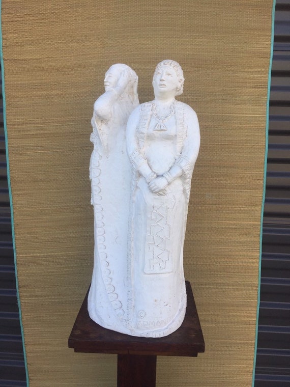 Large Vintage Mexican Art Sculpture Signed GALAN Ceramic Women Mexico