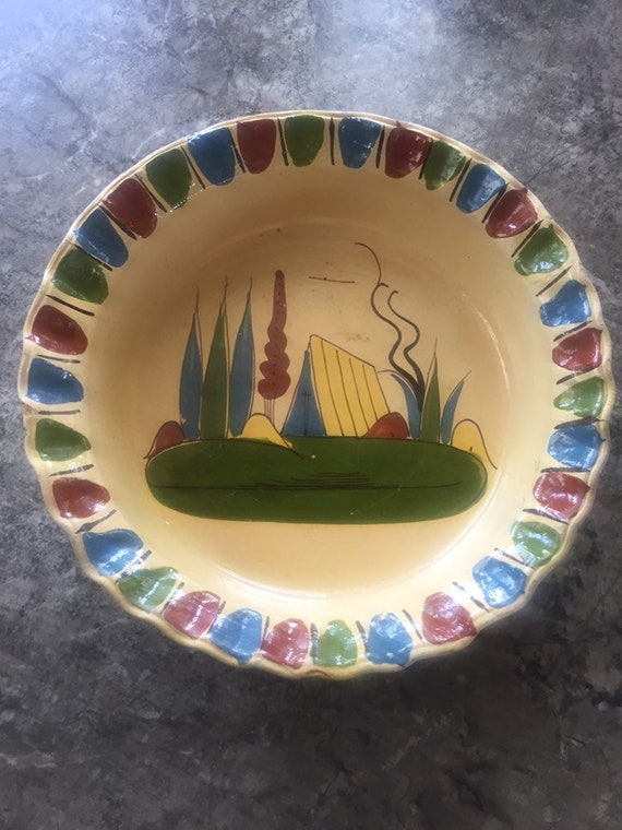 Vintage Mexican Pottery Tlaquepaque Green Red BOWL Mexico Tourist Folk Art