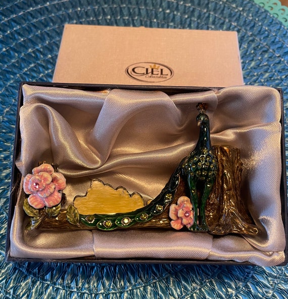 Ciel Collectables Peacock Candle Holder Place Card Hand Set Swarovski Crystals