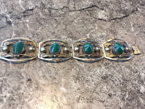 Vintage Taxco Mexican Sterling Silver Cuff Bracelet Ball Green Stones  7 1/4” Long