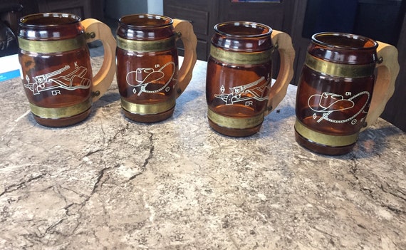 4 Siesta Ware western barrel Mugs Cowboy beer glasses Vintage