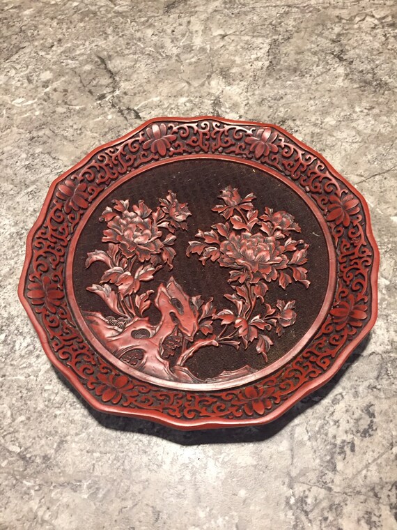 Vintage Carved Cinnabar Plate Black Lacquer Antique