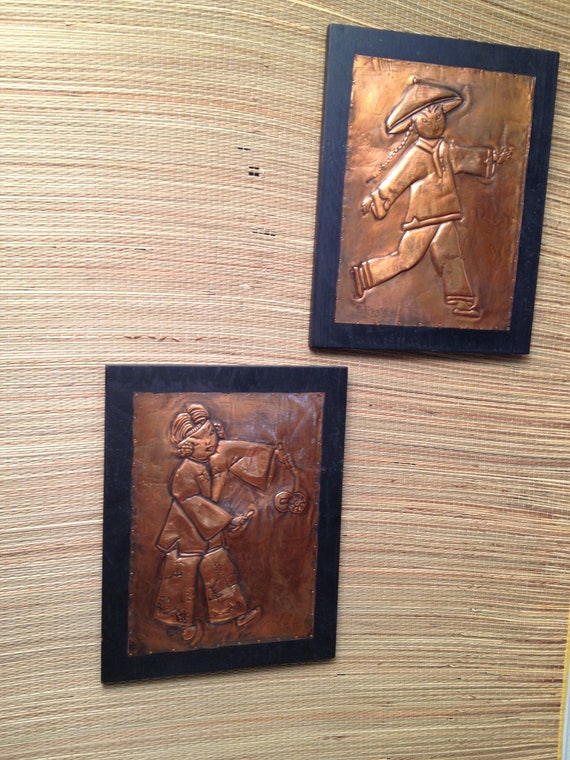 Set of 2 Vintage Mid-Century Modern Copper Relief Art Wall Plaque Asian Boy Girl
