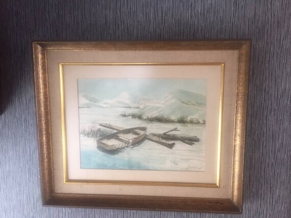 Vintage Original Watercolor Painting by Fred Wright Seascape Boat Framed