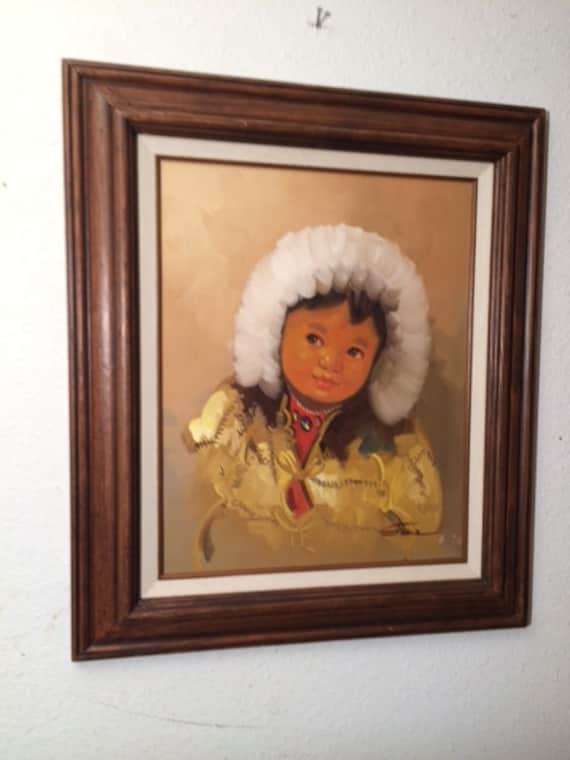 Vintage Eskimo Indian Child Oil Painting by Stone Signed Art Framed Beautiful