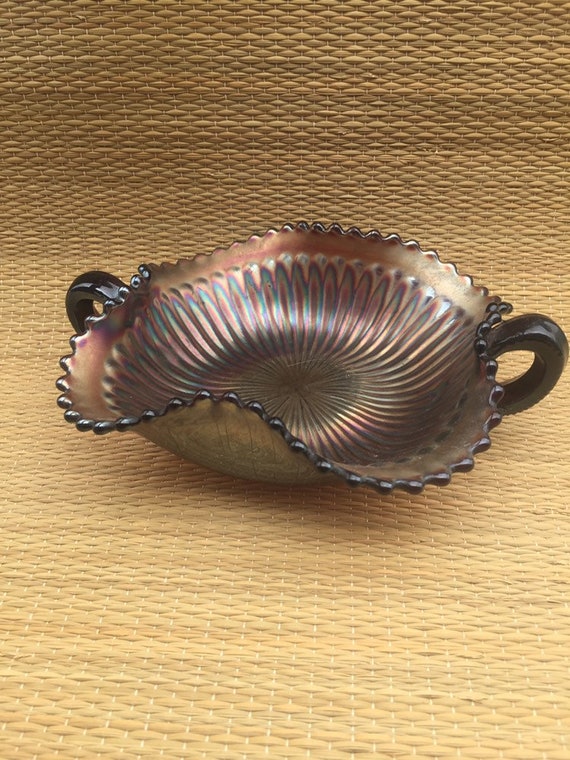 NORTHWOOD - Carnival Glass “Stippled Rays”, two Handled Bon Bon Bowl