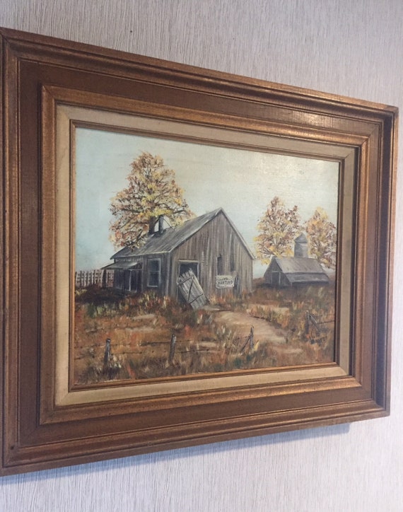 Vintage Original Oil Painting Framed by Viola Boozer Rustic Farm Scene 1970's