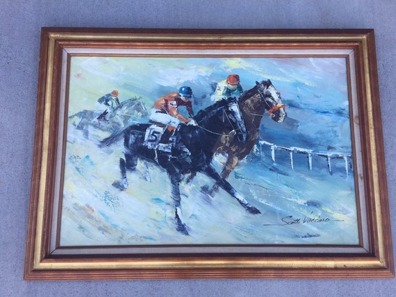 Vintage Original Oil Painting HORSE RACE by Scott Vacarro Mid-Century Modern ART Framed