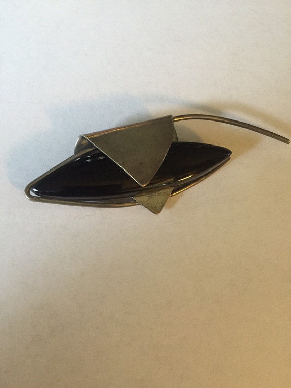 Vintage Mexican Modernist Brooch Sterling Silver and Obsidian Stone 925 Mexico