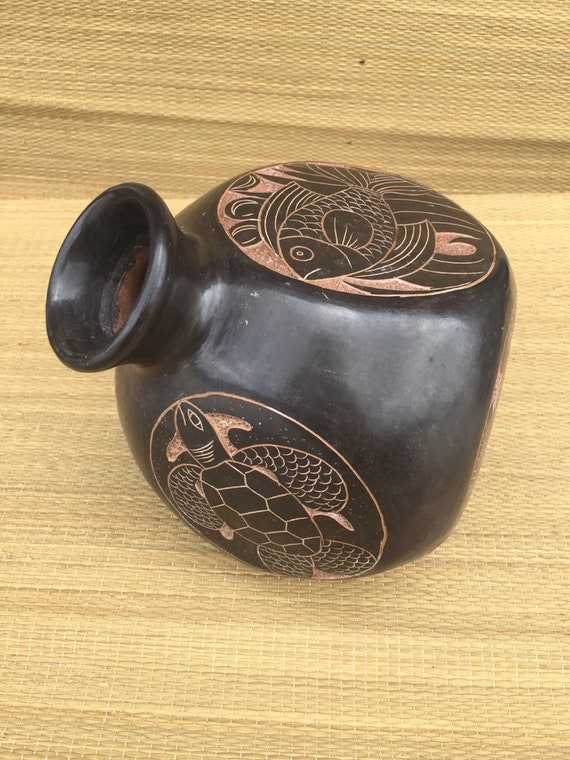 Vintage South American Carved Clay Pottery 6 Sided Vase Animals bird Turtle Black
