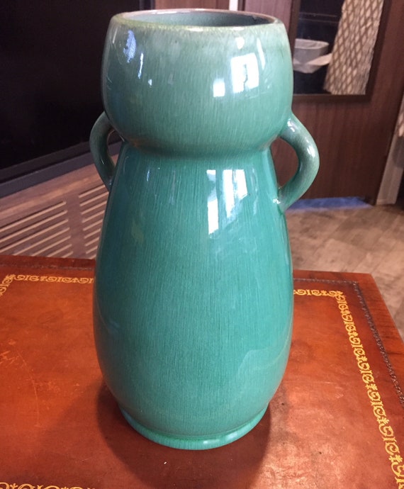 Vintage Japanese Art Pottery Vase Double handle 10" Green Glaze Japan