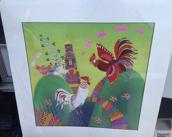 Vintage Original Painting by BORIS Roosters Cocks Mid-Century Modern Style ART