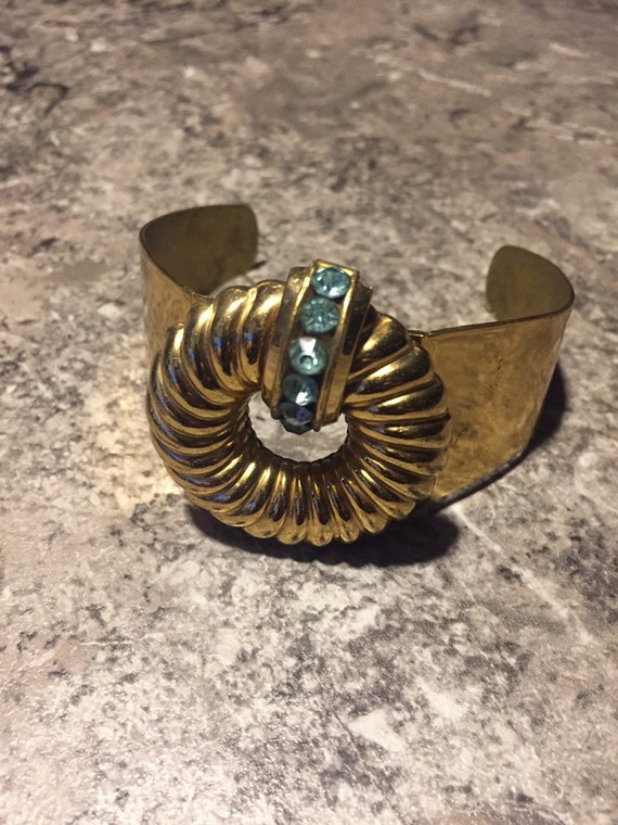 Vintage Coro Costume Simulated Gold Cuff Bracelet Aquamarine Stones