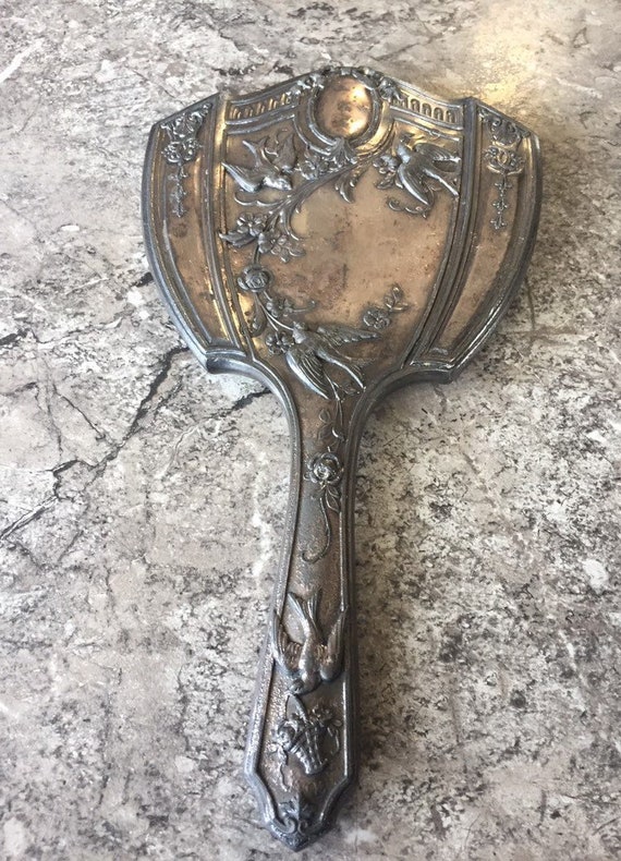 Antique D S P Co Silver Plate Hand Mirror 1915 Birds Art Silver Plate Hand Mirror 1915 Birds Art