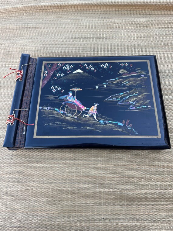 Vintage Oriental Photo Album Black Lacquer Inlaid  Mother of Pearl