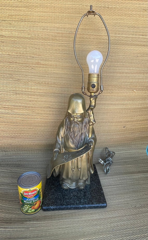 Vintage Heavy Solid Brass Bronze Asian Figure Lamp FUKUROKUJU Man Marble RARE