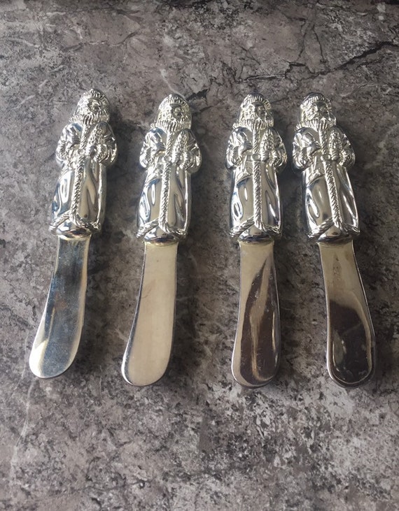 Vintage Silver Christmas Santa Clause 4 Pc Cheese Knife spreader Set Godinger