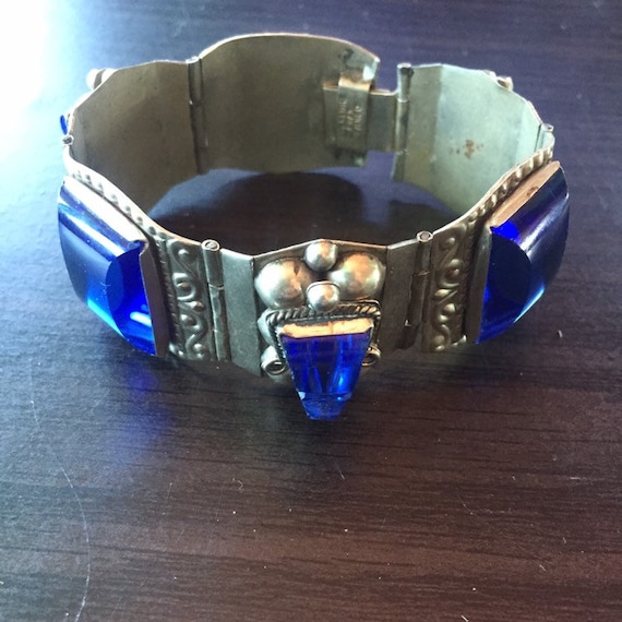 Vintage Mexican JPR Sterling Silver Blue Glass Mask Bracelet Mexico 6 7/8”