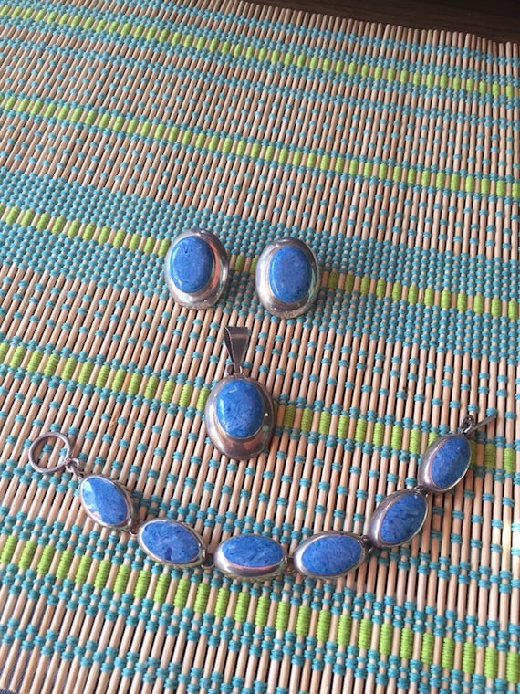 Mexican Sterling Silver Blue Stone Earrings Bracelet Pendant Set 925 93 Grams