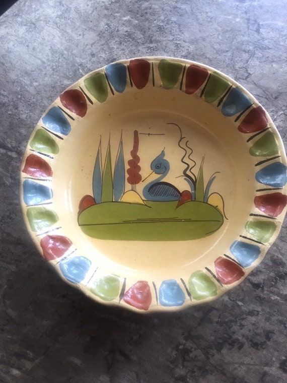 Vintage Mexican Pottery Tlaquepaque Green Red DUCK BOWL Mexico Tourist Folk Art