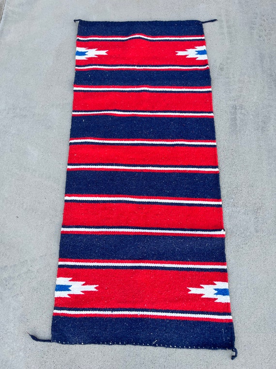 Vintage Southwest Weaving Rug Runner or Wall Hanging Mexican Red White Blue Patriotic