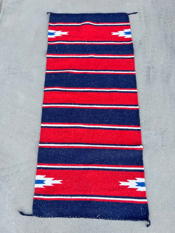 Vintage Southwest Weaving Rug Runner or Wall Hanging Mexican Red White Blue Patriotic