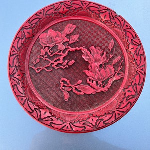 Vintage Chinese Red Cinnabar Lacquer Plate 9” Diameter- Carved Flowers