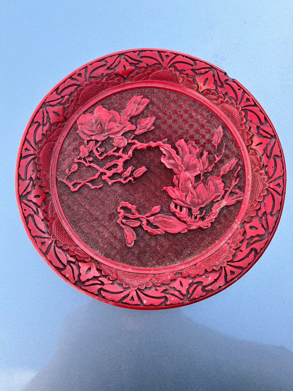 Vintage Chinese Red Cinnabar Lacquer Plate 9” Diameter- Carved Flowers
