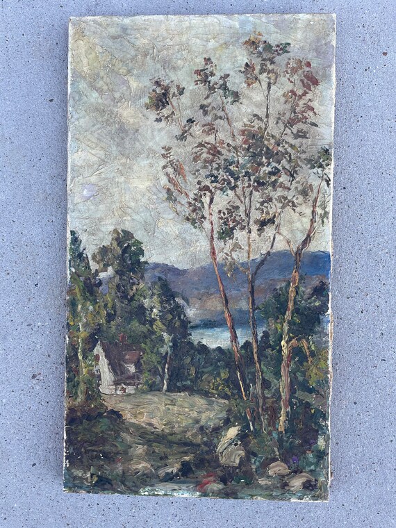Antique Cabin In Woods Lake Landscape Oil Painting on Canvas Unsigned