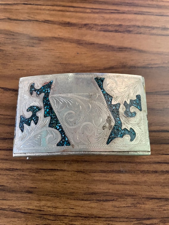 Vintage Mexican Alpaca Silver Belt Buckle Inlaid Mosaic