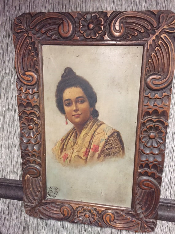 Antique Original Oil on Tin Painting Rita Acosta Portrait Carved Wood Frame