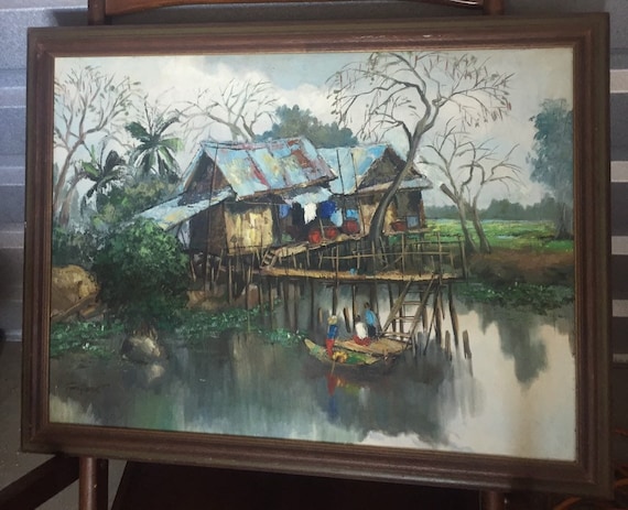 Vintage Original Oil Painting Artist Signed Asian Boats Junks Framed Tiki Art