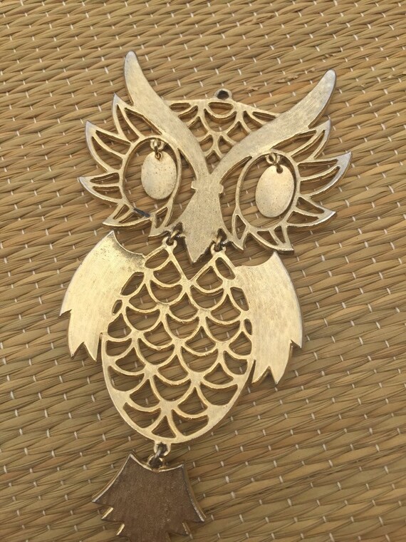Large Vintage OWL Pendant Gold Tone Jewelry Mid-Century Modern  4 3/4”