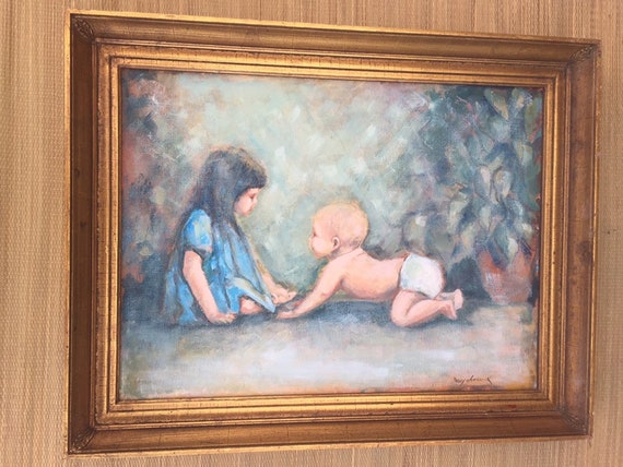 Vintage Original Painting Peggy Westbrook Texas Art Siblings Girl Baby