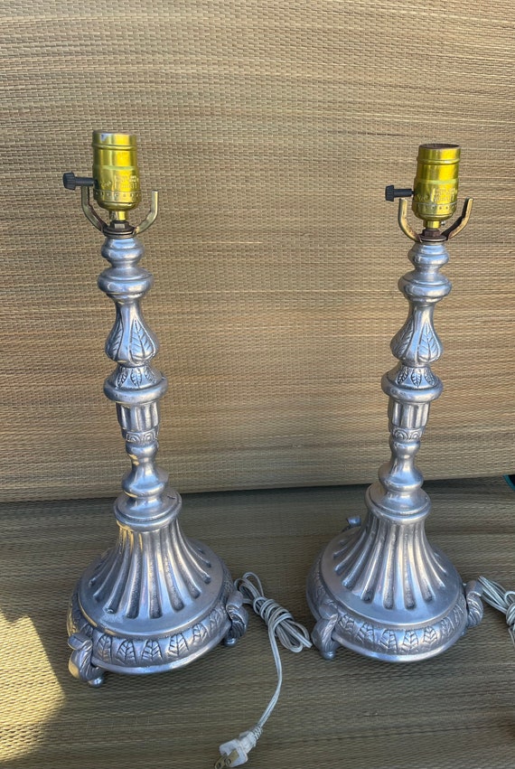 Pair of Vintage Silver Metal Lamps Hollywood Regency Deco Style