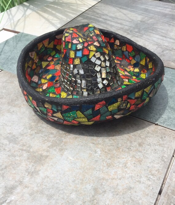 Vintage Mexican Pottery Glass Mosaic Sombrero Folk ART Mexico Sculpture