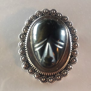 Vintage Mexican Sterling Silver Obsidian TAXCO Locket brooch Mexico Signed BR