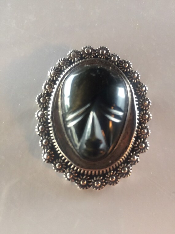 Vintage Mexican Sterling Silver Obsidian TAXCO Locket brooch Mexico Signed BR