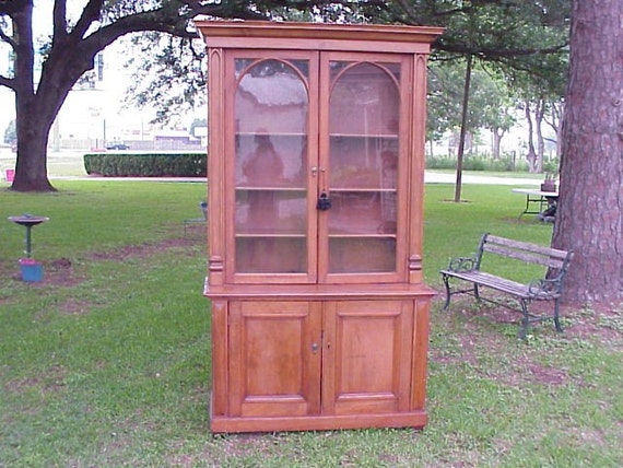 Large Antique Pine Cabinet Furniture English Tall China Display Country Glass Front Doors Pick up Houston Area