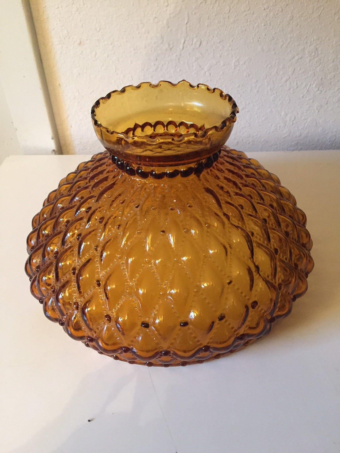 Antique AMBER Glass Lamp Shade Quilted Diamond Student Lamp Desk Light