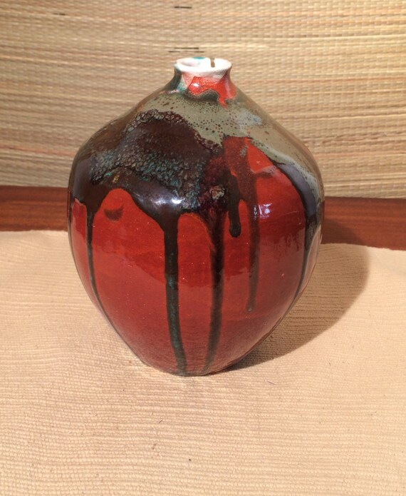 Vintage Studio Art Pottery Vase Drip Glaze Mid-Century Modern Signed