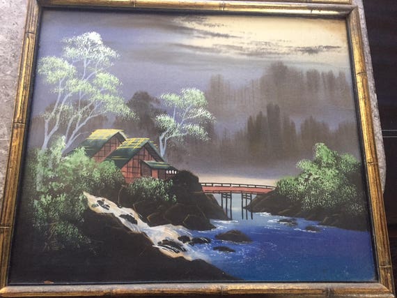 Early Vintage Japanese Silk Painting Signed Faux Bamboo Framed Art