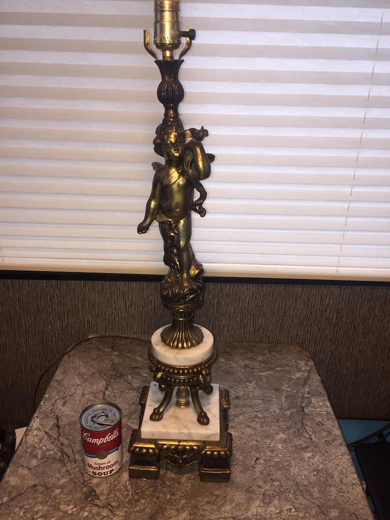 Large Vintage Hollywood Regency CHERUB Lamp Metal Marble Bird Etsy
