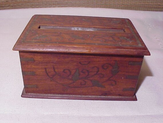 RARE Antique Arts & Crafts Art Nouveau Wood Brass Box 1900's Cigarette Dispenser