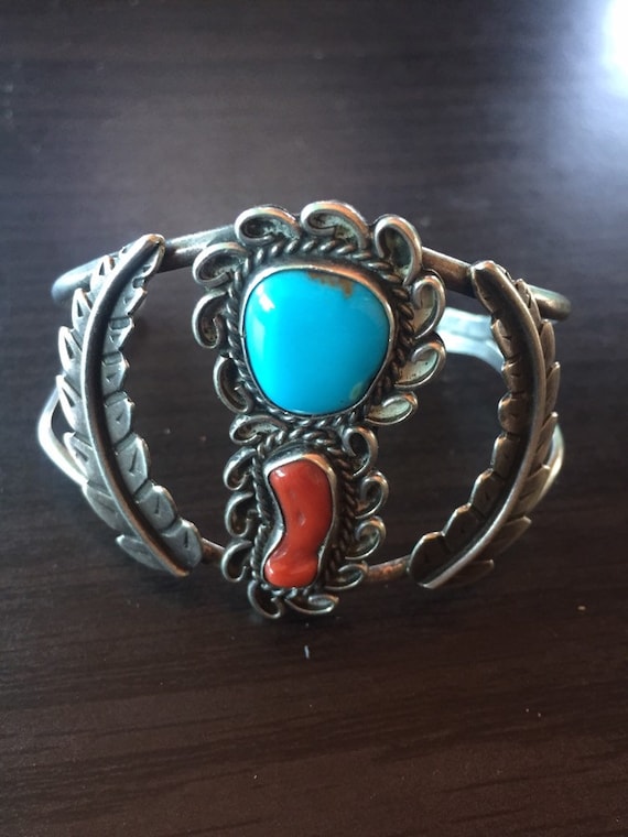 Vintage Coral & Turquiose Sterling Silver Navajo Cuff Bracelet